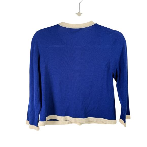 Samantha Sung Blue Cream Cardigan Crop Sweater 100% Wool Preppy Womens Medium - Picture 5 of 5